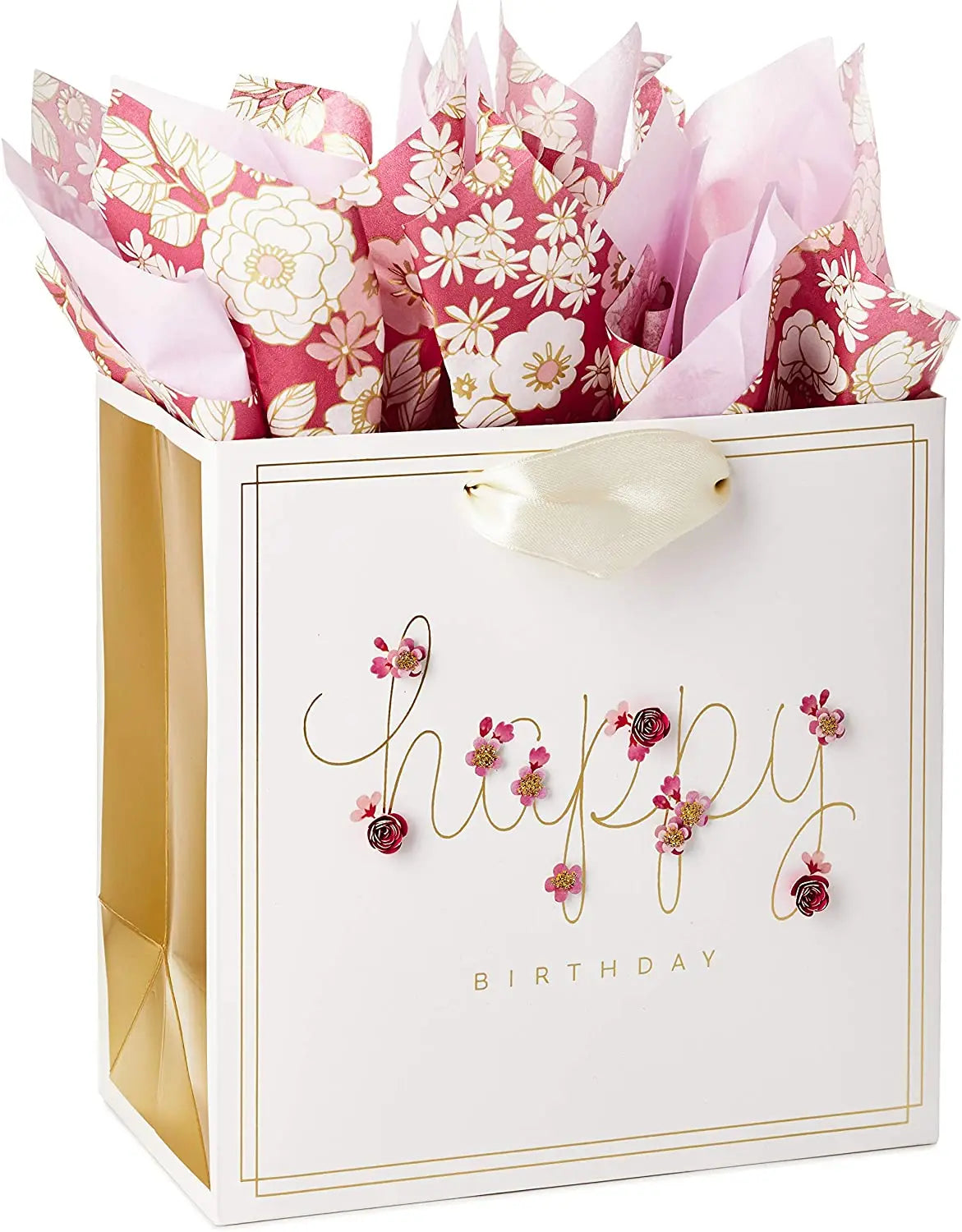 Luxury Paper Bag Birthday Gift Bag with Tissue Paper (Pink Flowers) Paper Stand up Pouch