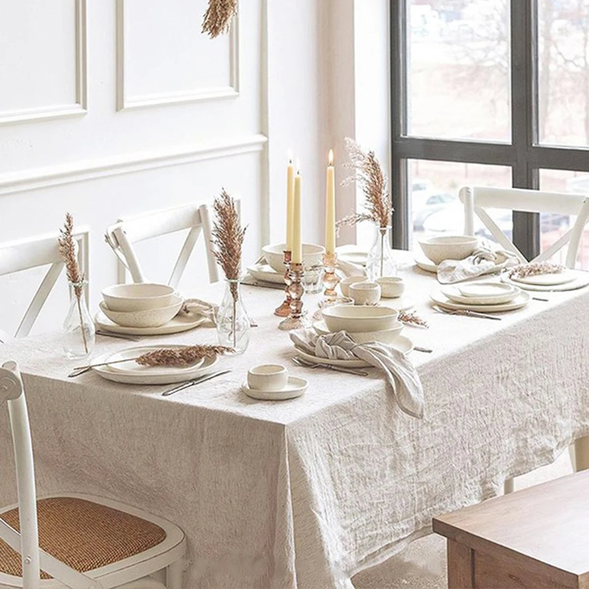 Hemstitch Beige Cotton Linen Tablecloth Wedding Banquet Reusable Washable Table Cloths for Events Dinner Custom Table Covers