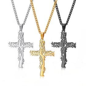 Hot Custom Jesus Mens Christian Men's Vintage Tree Pendants Stainless Steel Cross Chain Pendant Fashion Tree Jewelry Necklace