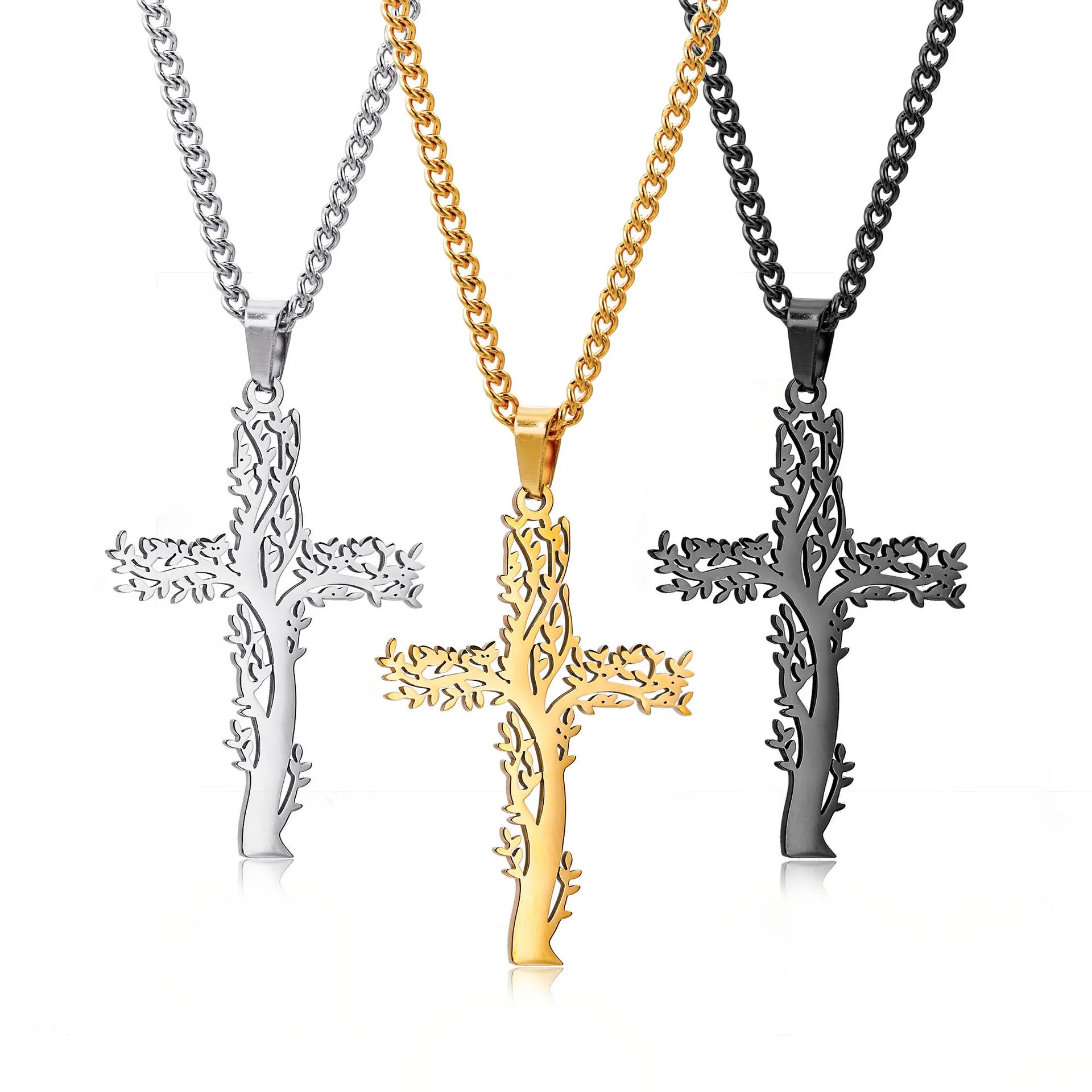 Hot Custom Jesus Mens Christian Men's Vintage Tree Pendants Stainless Steel Cross Chain Pendant Fashion Tree Jewelry Necklace
