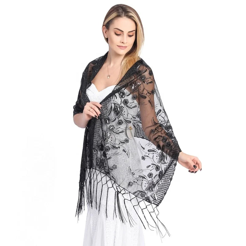 MIO Lightweight Polyester Embroidered Sequins Shiny Long 160cm Shawl Scarf with Tassel for Wedding Evening Party Women