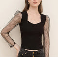 New Fashion square Neck Bubble Sleeve Short Women's Top Solid Color Mesh Cotton Long Sleeve Bottom Shirt