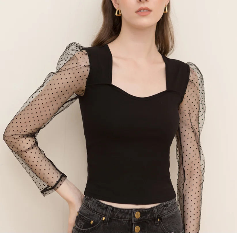 New Fashion square Neck Bubble Sleeve Short Women's Top Solid Color Mesh Cotton Long Sleeve Bottom Shirt
