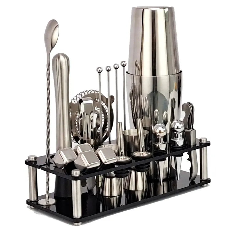 Professional 20-Piece Stainless Steel Bartender Kit Bar Cocktail Boston Shaker Set Plastic Stand Travel Gift Box for Cocktail