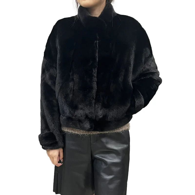 New Coming Short Style Female Mink Jacket Solid Color Mink Fur Coat Women