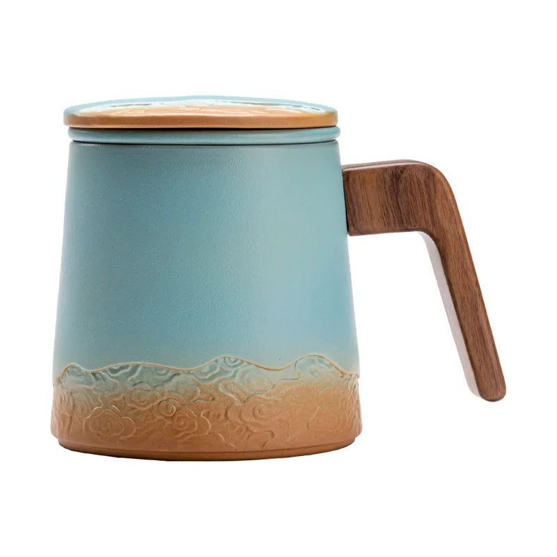 New Design Custom 12oz Travel Coffee Mug Chinese Ceramic Tea Mug With Walnut Handle and Infuser Strainer Lid