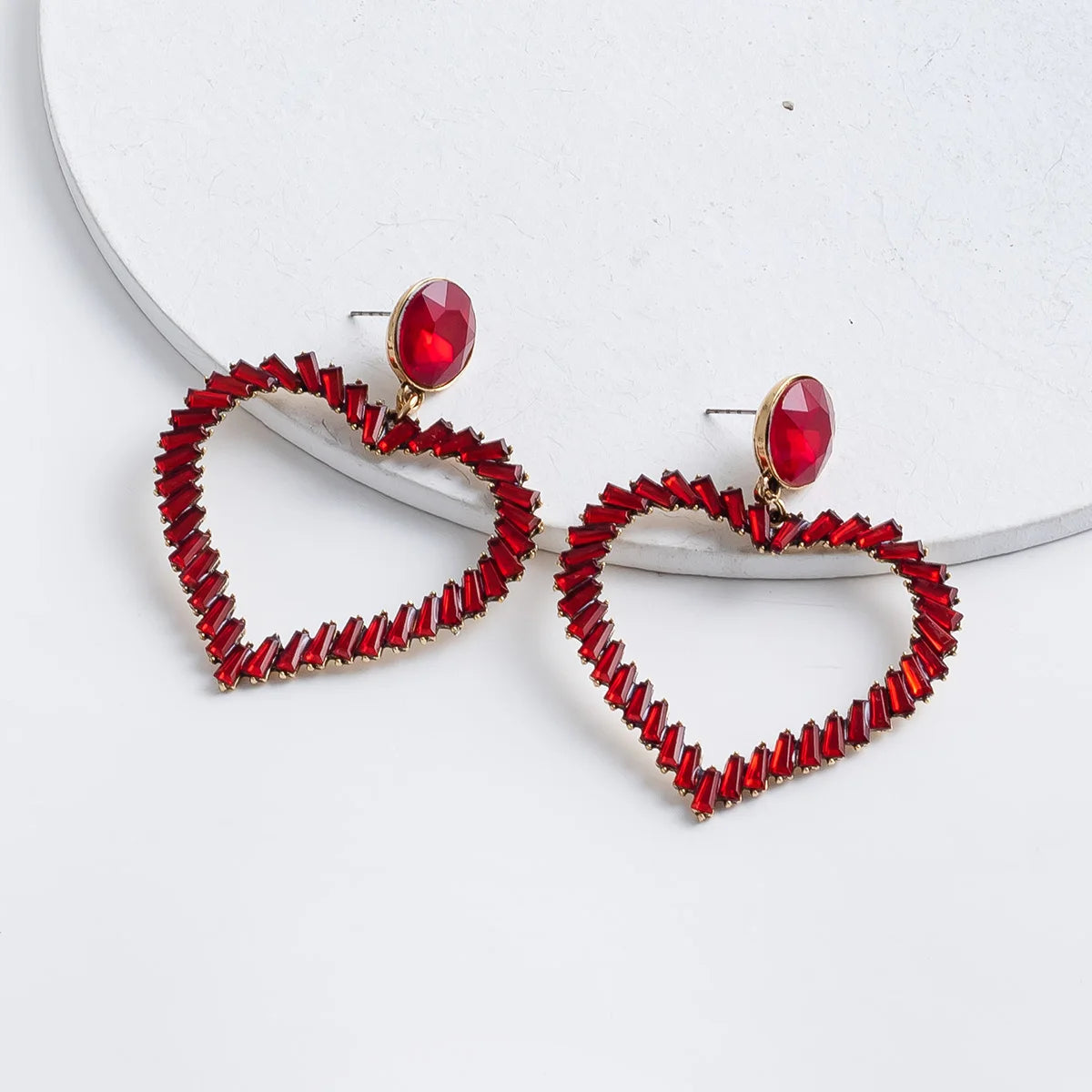Trendy Women Colorful Glass Gemstone Heart Earrings Exaggerated Hollow Out Large Love Heart Shaped Stud Earrings Jewelry