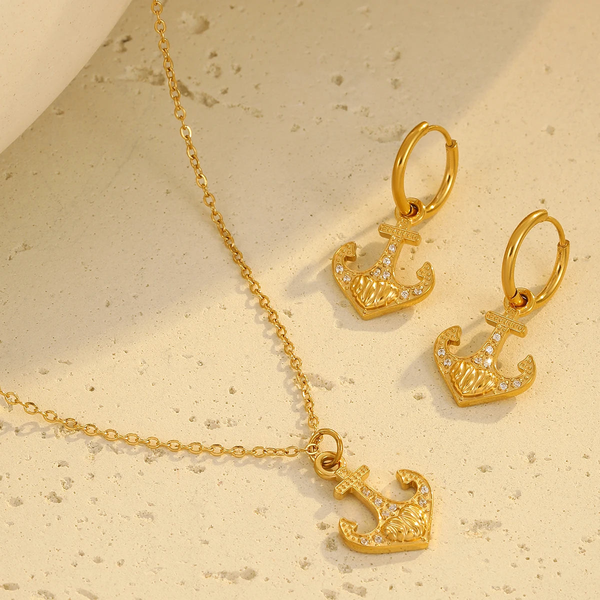 2025 Zircon Anchor Stainless Steel Jewelry Set for Women 18k Gold Charm Hoop Earrings and Sea Anchor Sailor Pendant Necklace