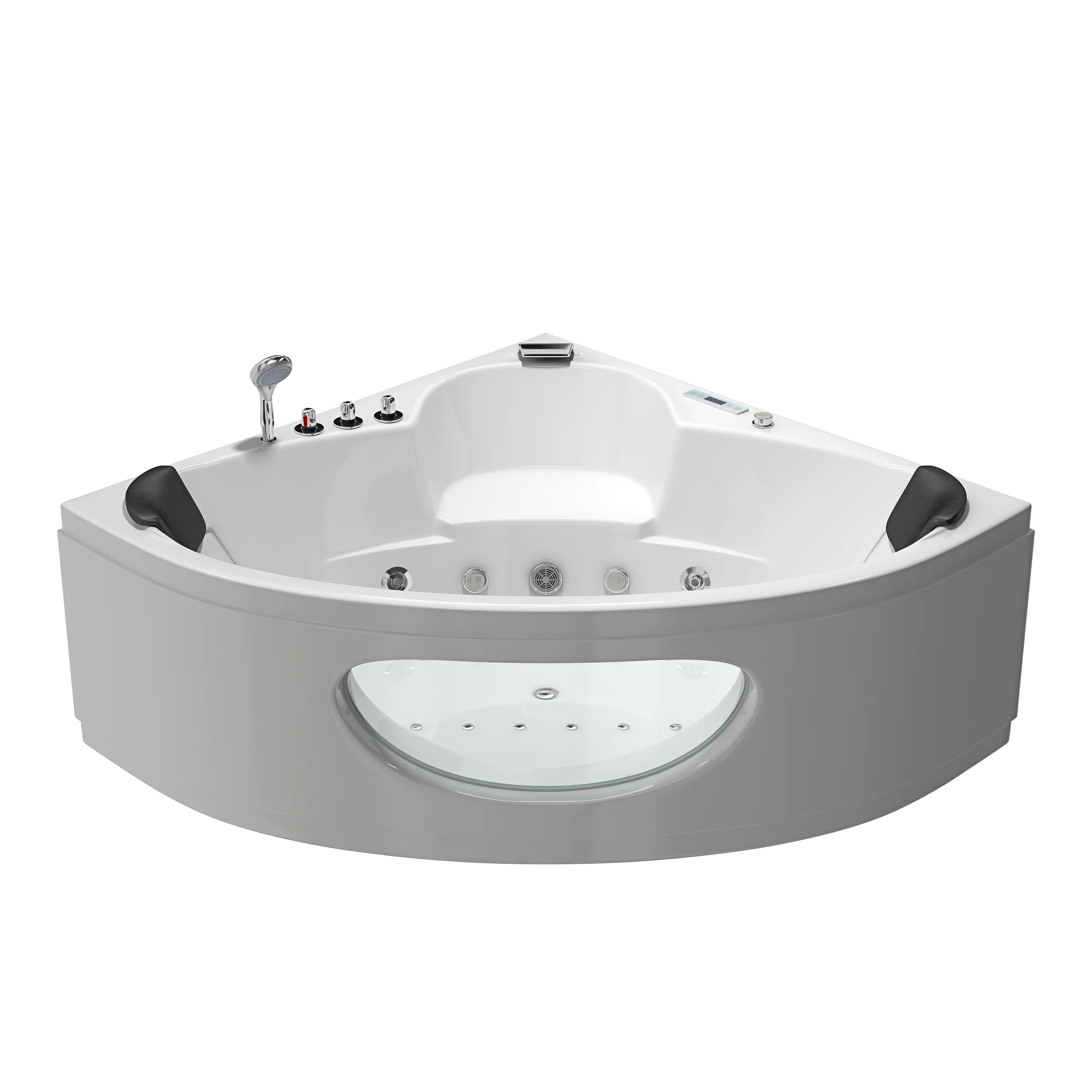 China Bathtub Two Person Acrylic Bathtubs Whirlpools Fan Shape Corner Whirlpool Bath Sex Bathtub with Faucet and Two Pillows
