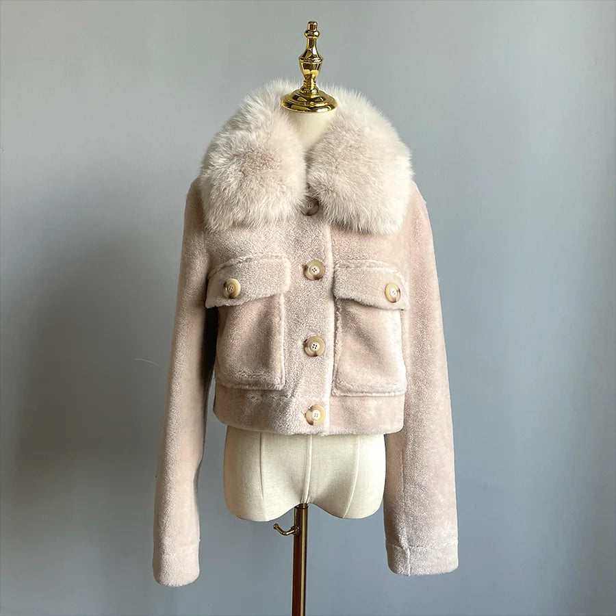 QIUCHEN QC22079 Autumn Winter Luxury Women Cashmere Cropped Jacket with Real Fox Fur Collar Breathable Woolen