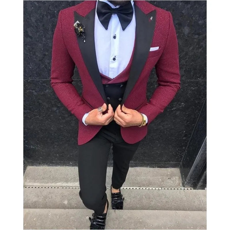New Arrival Costume Homme Men Suits Black Peaked Lapel Wedding Prom One Button Groom Tuxedos Slim Fit Business Suits 3 Pcs Sets