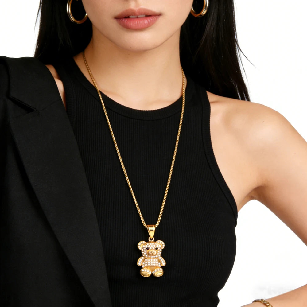 Wholesale High Quality 18K Gold Stainless Steel Jewelry Cute Diamond Bear Pendant Necklace Gift Accessory