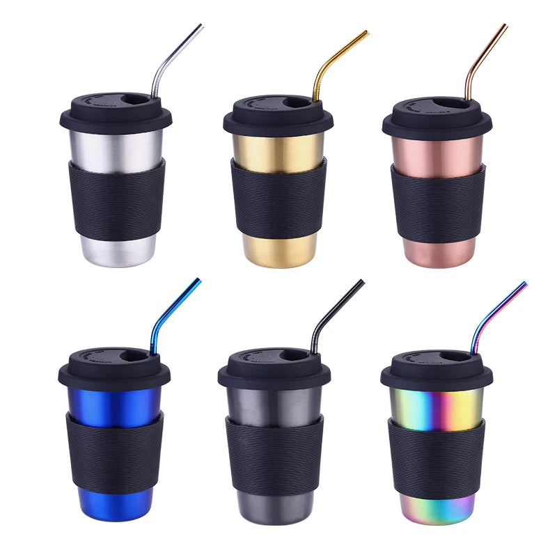 350ml/500ml Factory Directly 304 Stainless Steel 18/10 Metal Travel Cup Coffee Mugs with Straw and Lid