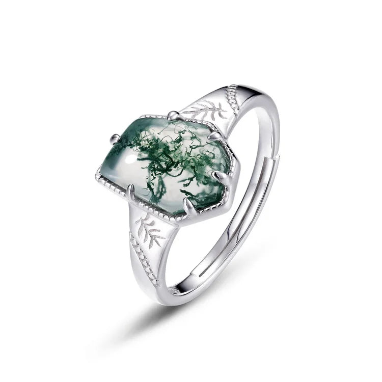 High Quality Nature Gemstone Fine Jewelry Sterling Silver 925 Geometric Shape Green Moss Agate Rings for Girl Man