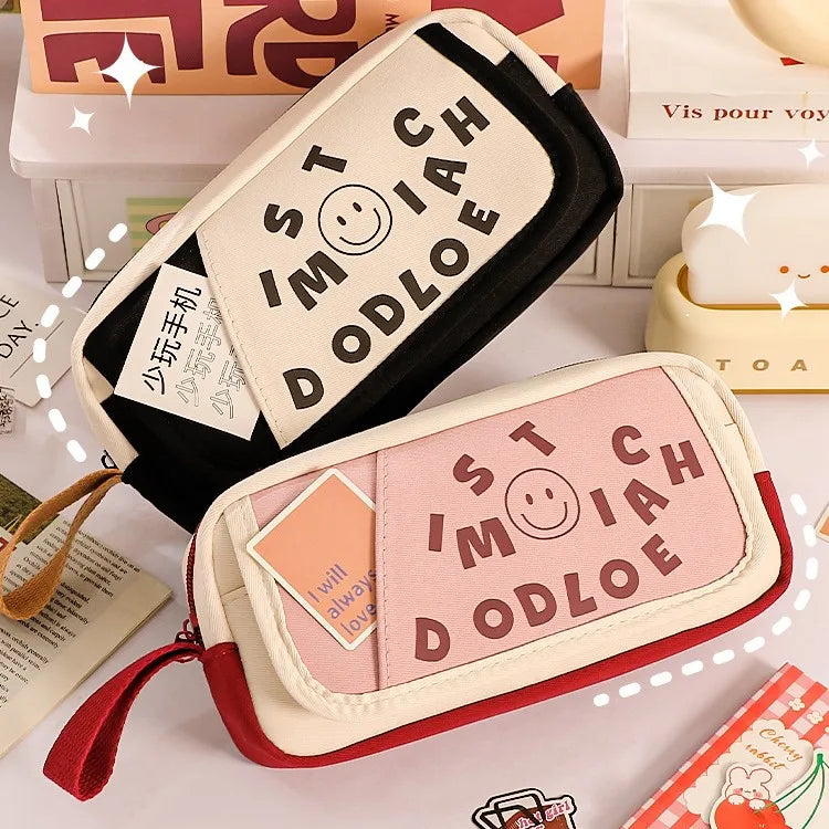 Multifunctional Cartoon Canvas Pencil Case Big Capacity School Student Stationery Bag