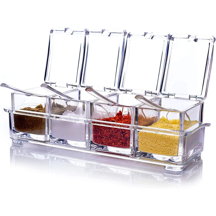 Clear Seasoning Rack Spice Pots - 4 Piece Storage Container Condiment Jars - Acrylic Seasoning Box Cruet with Cover and Spoon