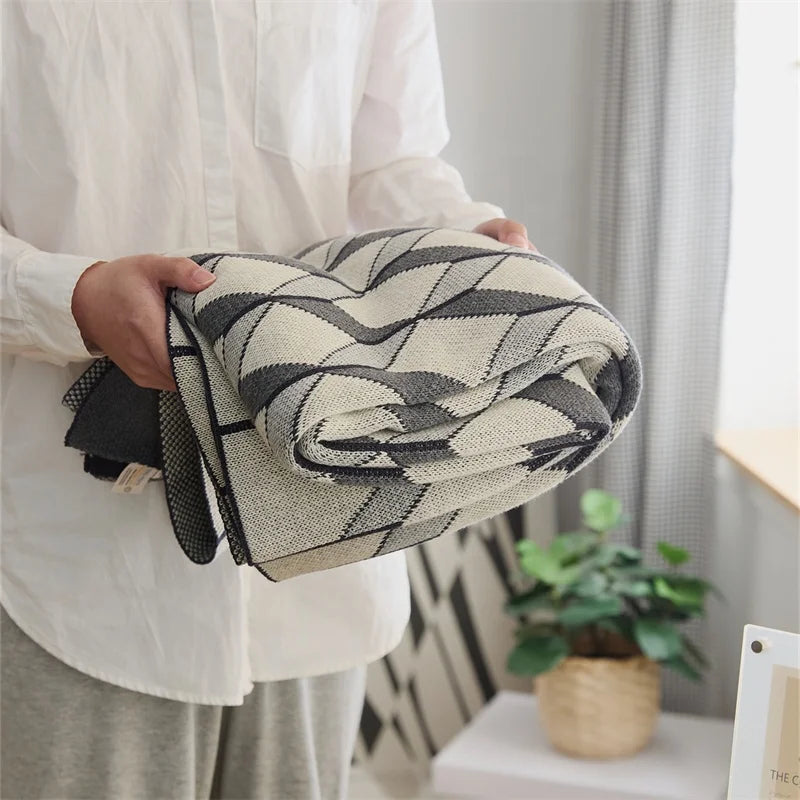 3D Cube Cotton Knitted Plaid Blanket Three Color Contrast Delicate Nordic Bedspread Blanket Soft Bed Summer Quilt Blanket