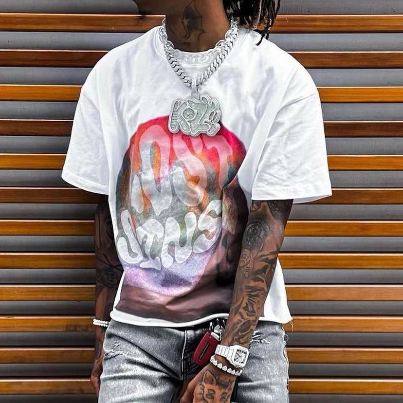 Custom Logo 220gsm Heavyweight Cotton Men's Short Sleeve O-Neck Drop Shoulder Graphic Letter Print Design Boxy Hip Hop T-Shirts