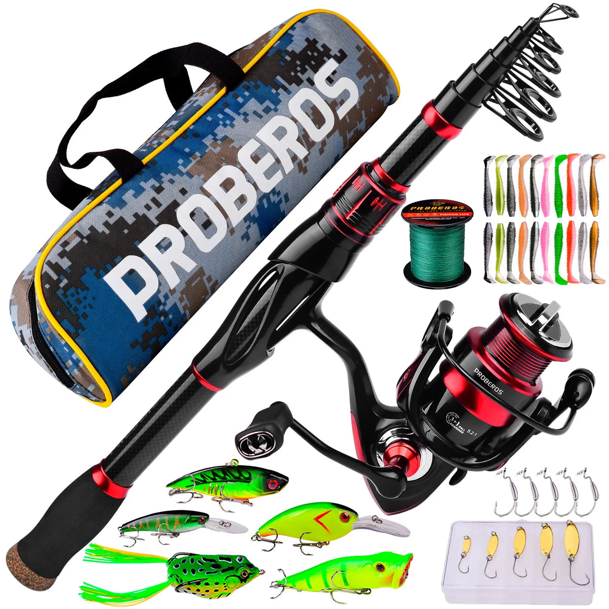 New 1.8m 2.1m 2.4m Fishing Rod and Reel Combo Spinning Rods Line Lure Bag Hooks Full Set
