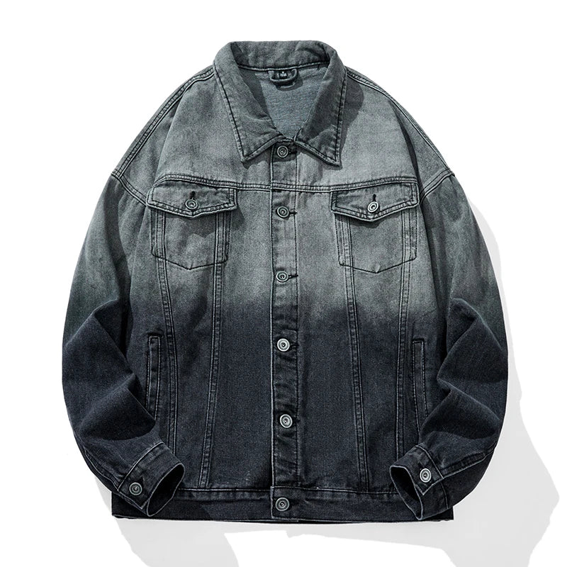Latest Youth Custom Embroidery Washed Gray Denim Jackets for Men and Women Loose Fit Design Gradient Jean Jacket