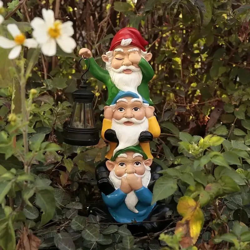 Resin Stacked Gnome Statue Lantern See-No-Hear-No-Speak-No Evil Artistic Design Hand-painted Garden Decorative Outdoor Figurines
