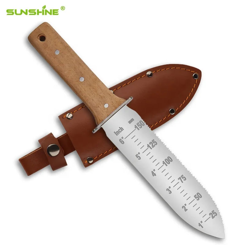 SUNSHINE Popular Eco-friendly Stainless Steel Blade Bench Wood Handle Garden Hori Hori Knife Thick Leather Sheath DIY Planting