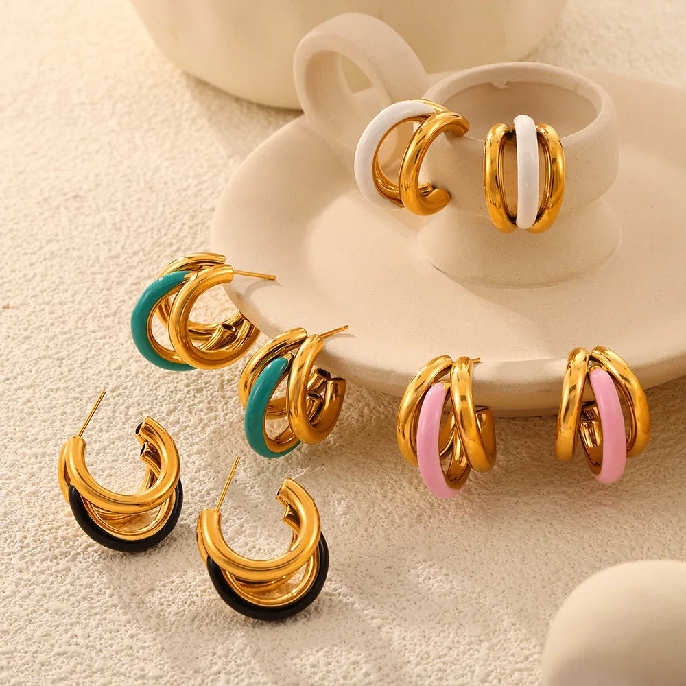 High End PVD 18K Gold Plated Stainless Steel Hoop Earring Colorful Multi-layer Trendy Spring Summer White Green Enamel Women