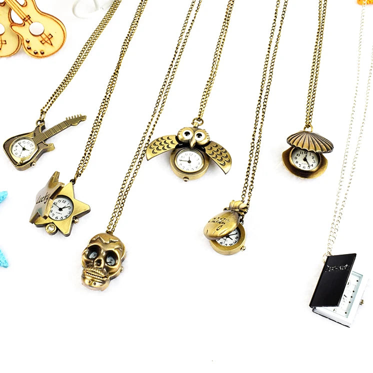 Student Creative Graduation Gift Simple Cute Quartz Watch Necklace Statement Flip Pocket Watch Necklace for Girls Boys