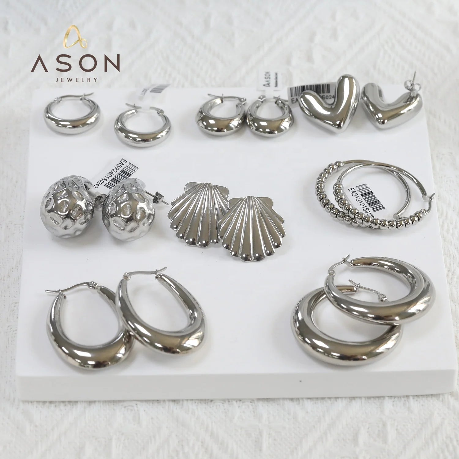 Ason Fashion Jewelry Shell Conch Design Stainless Steel Heart Water Drop Huggie Hollow Oval Round Beaded Hoop Statement Earrings