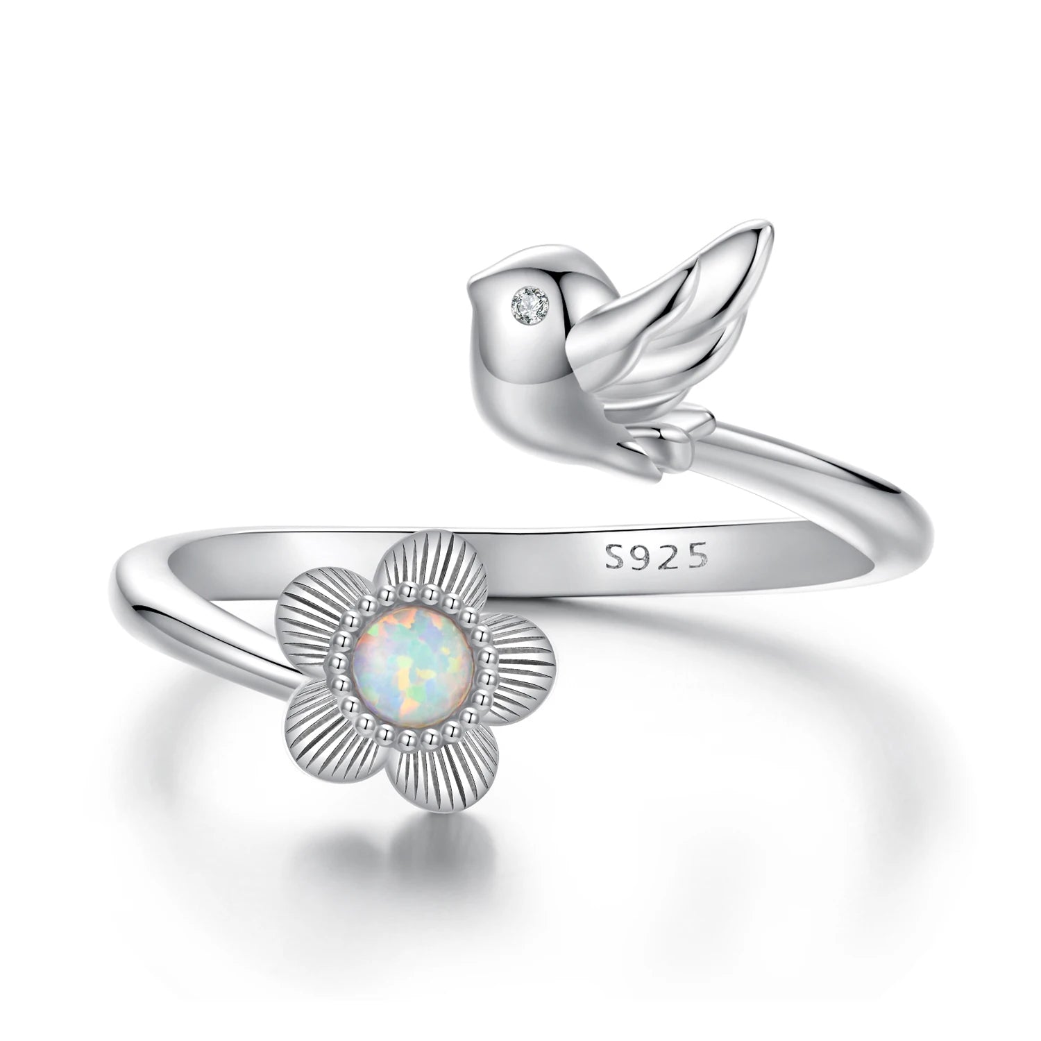 925 Sterling Silver Flower Bird Open Ring for Women Cute Animal Jewelry Gift Fashion Birthday Graduation Gift BSR658-E