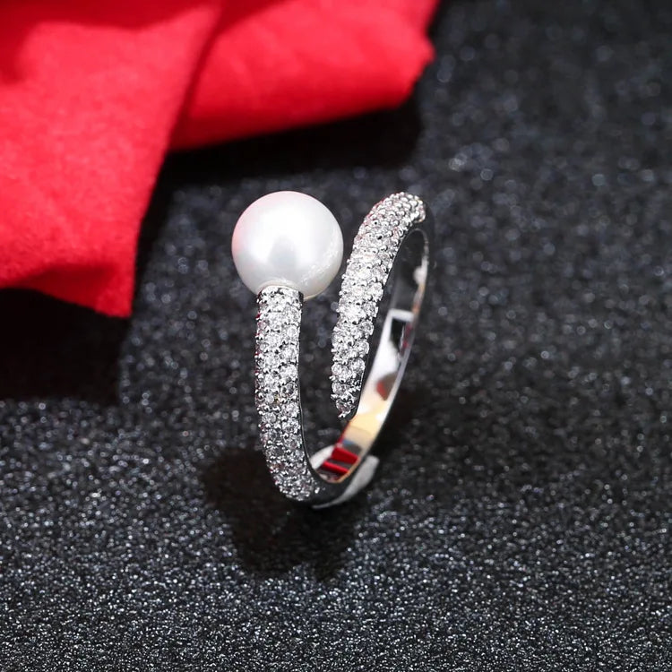 925 Pure Silver Opening Ring Temperament Pearl Set Diamond Ring Korean Fashion Pure Silver Ornaments Wholesale