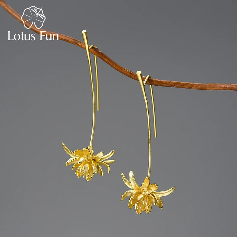Lotus Fun 18K Gold Plating Night Blooming Cereus Flower Long Dangle Earrings for Women 925 Sterling Silver  Luxury Fine Jewelry