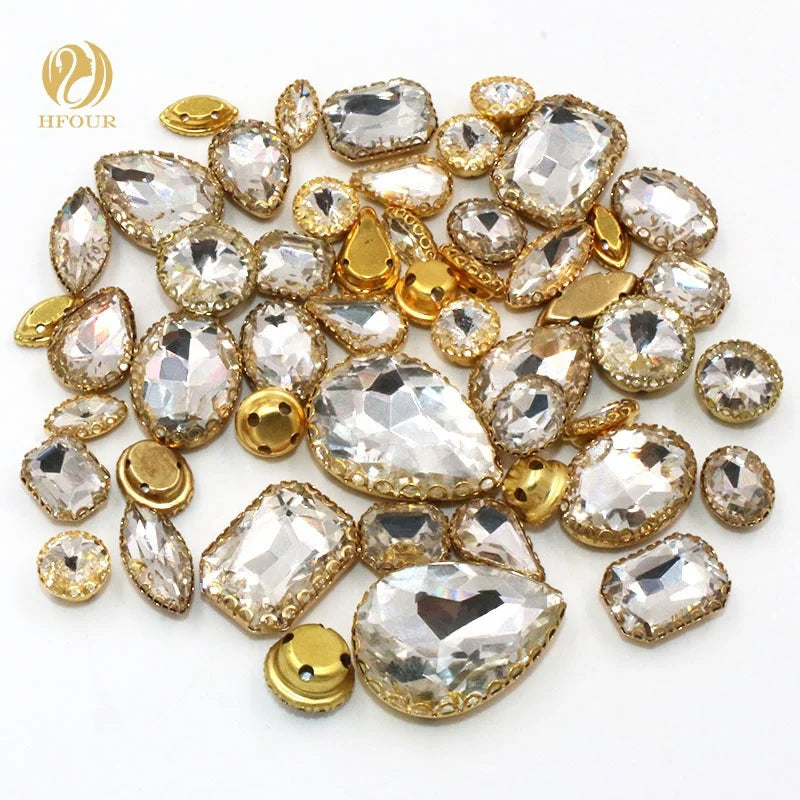 New Arrival 3D White Mixed Shape Sew-on Glass Rhinestones Loose Rhinestones with Lace Claw for DIY