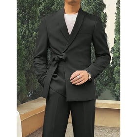 Casual Black Men Suits Wedding Shawl Lapel Waist Strap Groom Tuxedo Bridegroom Suits 2 Piece(Blazer Pant) Leisure Occasion