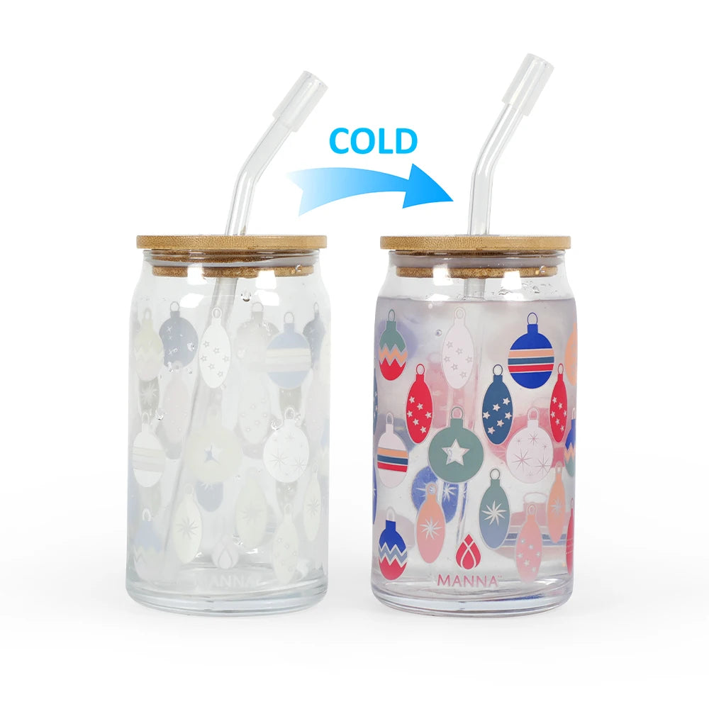 Merry Christmas Present 16oz Color Changing Reusable Blank Water Cup Glass Beer Can with Bamboo Lid and Straw