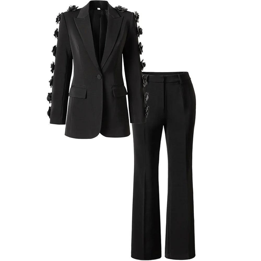 2025 Early Autumn Casual Commuter Suit for Women Handmade Flower Decoration Heavy Industry Two-Piece Pants XL Size with Stock