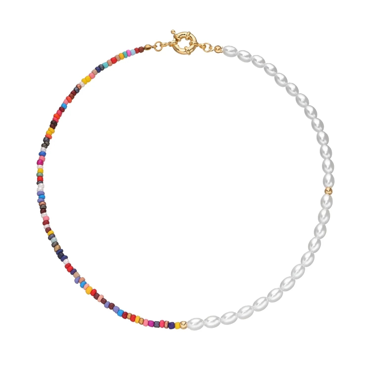 Handmade Boho Colorful Rice Bead Choker Necklace Multi Color Beads and Pearls Necklace