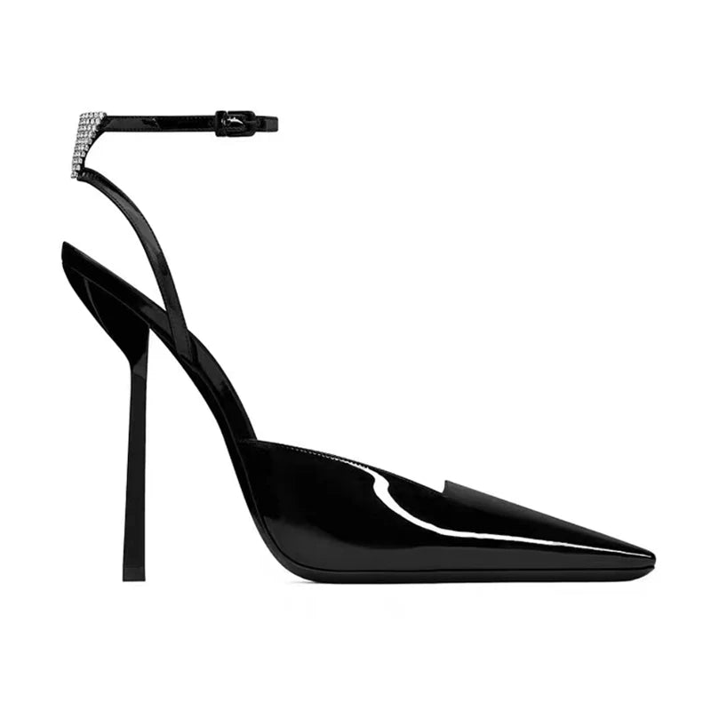 Wholesale Luxury Black Thin Heel Comfort Breathable Slingback Sandals 9.5cm Ladies Triangle Buckle Rhinestone Summer Fashion