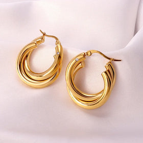 Non Tarnish Twine Cz Earrings Stainless Steel 18K Gold Plated Double Layer With Zircon Hoop Earrings