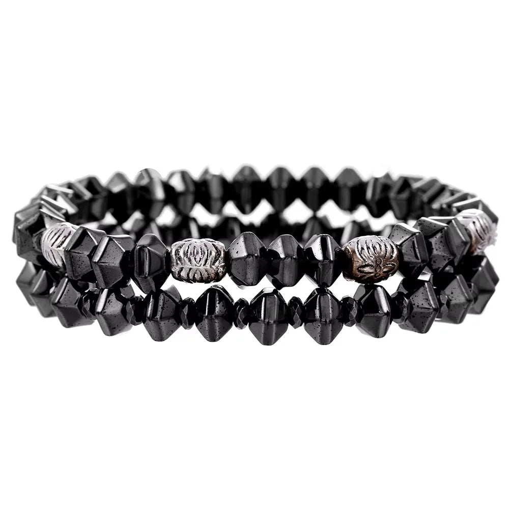 Men's Elastic Cross-Border Beaded Bracelet Set Three-Piece Black Gallstone with Amethyst Quartz Pearl for Gift
