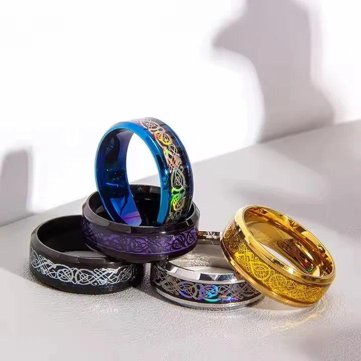 Man Women Wedding Band Ring Gold Red Green Carbon Black Dragon Inlay Fit Stainless Steel Swim Lover Couple Rings for Boys Girls