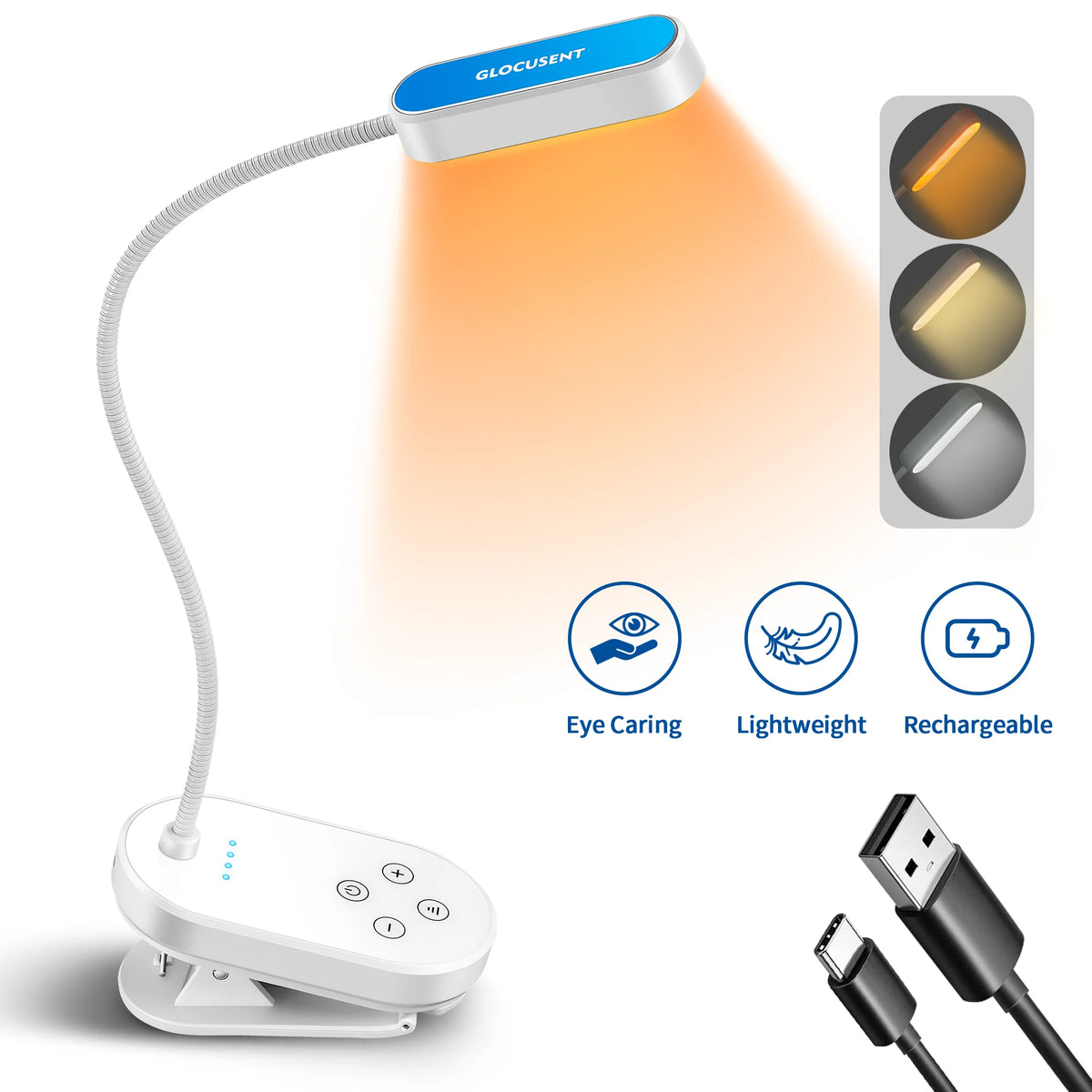 New 2023 wholesales bendable arms eye care Led book light 3 colors adjustable rechargeable mini clip on book reading light lamps