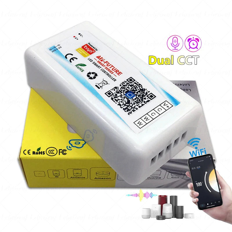 Tuya WiFi Remote Control Dual Color LED Dimmer DC 5-24V 18A CCT 2-Channel Constant Voltage PWM Smart APP Voice Music Control