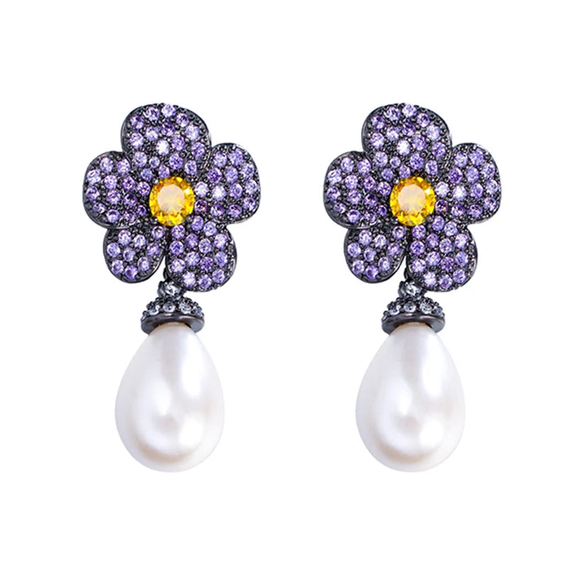 2024 Trendy Black Gun Plated Purple Yellow Zircon Blooming Flower Long Simulated Pearl Earrings for Women Elegant Party Jewelry