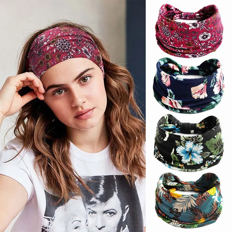 New Wide Headbands Vintage Knot Elastic Turban Head Wrap for Women Girls Cotton Soft Bandana Hair Accessories