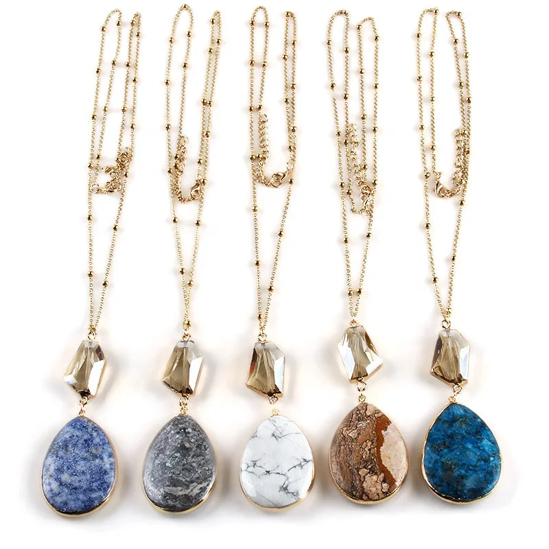 Delicate Women Handmade Jewelry Alloy Thin Chain Necklace Irregular Crystal Drop Natural Stone Pendant Necklace