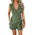 Latest Women's Spring Summer European American Casual 2pcs Shorts Set Solid Color Button-Up Cardigan Vest Short Pants Set