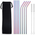 Custom Stainless Steel Cleaning Straw Brushes Tableware Rainbow Reusable Metal Bar Boba Straws With Beach Tote for Drinks