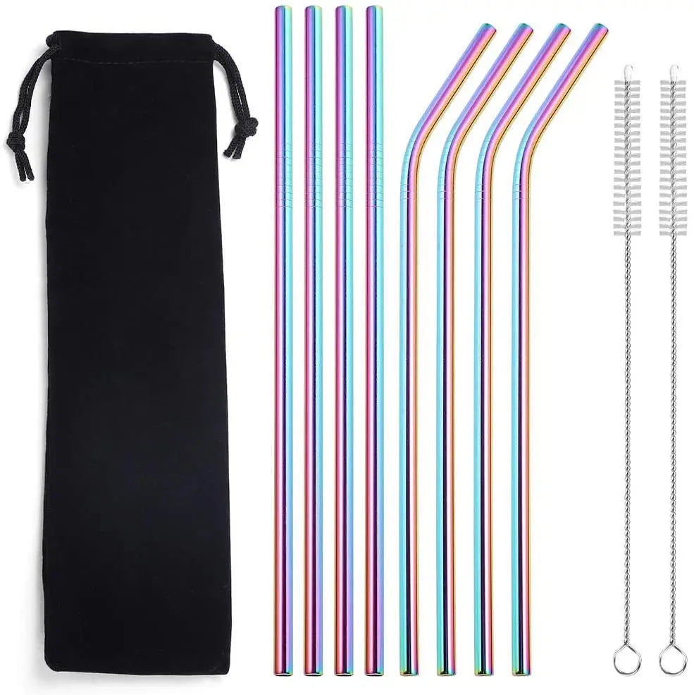 Custom Stainless Steel Cleaning Straw Brushes Tableware Rainbow Reusable Metal Bar Boba Straws With Beach Tote for Drinks