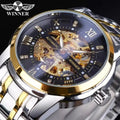 Winner New 2023  Skeleton Dial Automatic Watch Golden Black Stainless Steel Mechanical Watch Luminous Waterproof Wristwatch